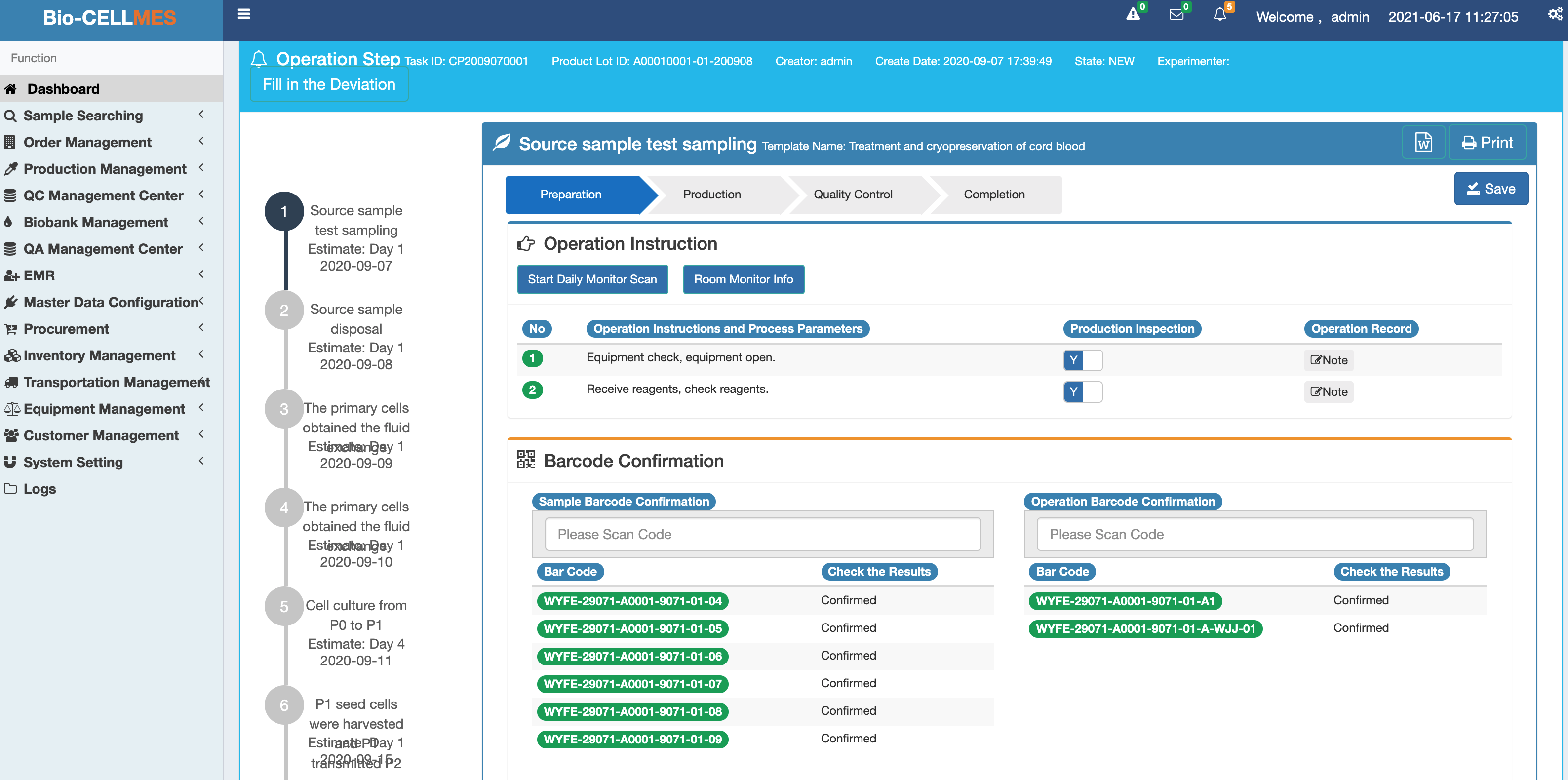 User interface of cell production process